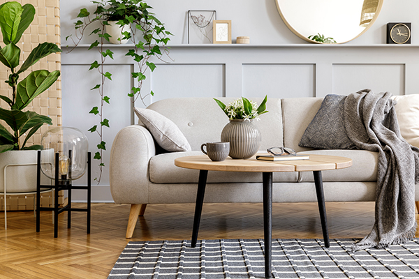 Scandinavian living room interior with design grey sofa, wooden coffee table, plants, shelf, mirror, furniture, plaid pillow, teapot, book and elegant personal accessories in home decor.